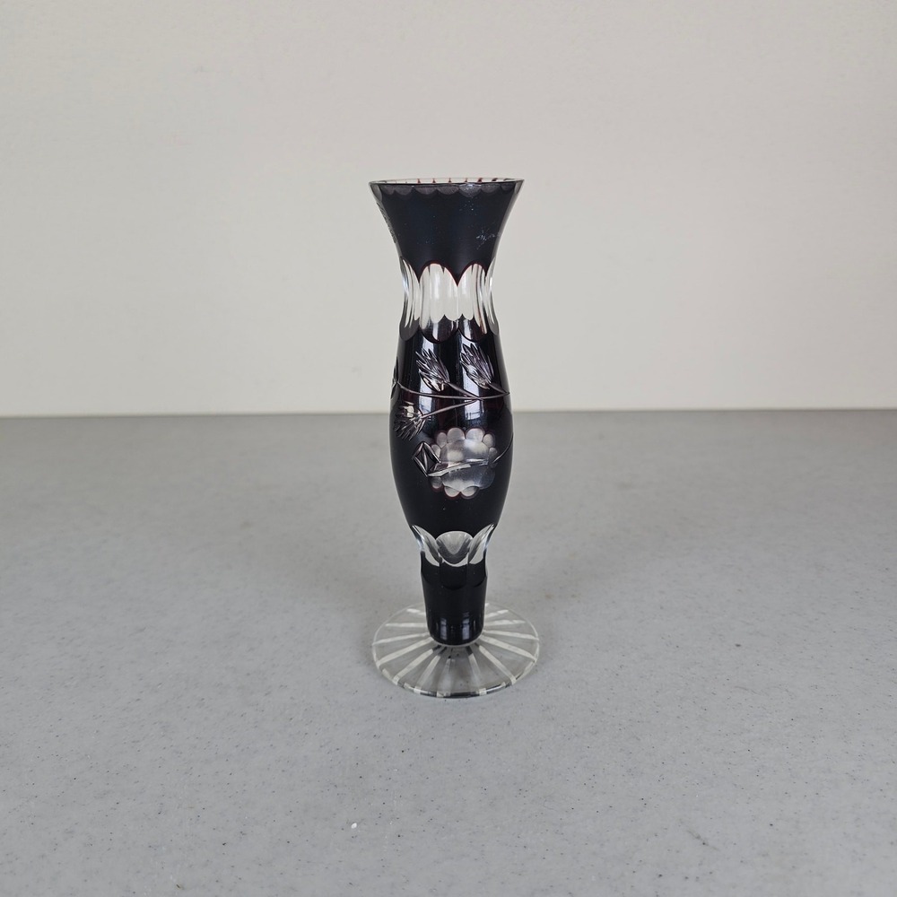 Vintage Etched Glass Bud Vase Dark Red and Clear